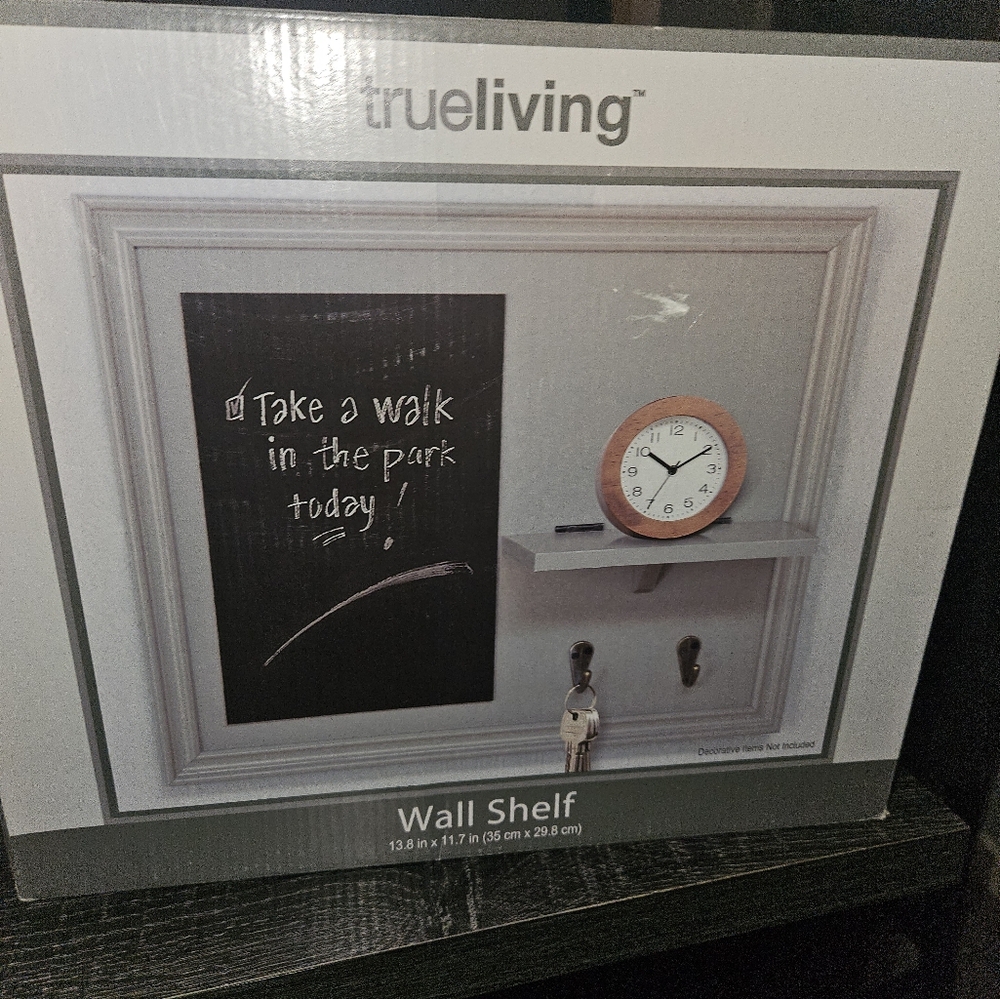 Gray Wall Shelf with Chalkboard and Clock